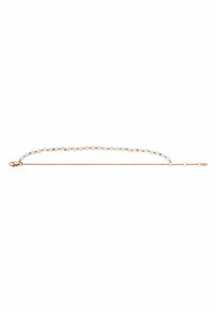 Armband i roséguld som har en rad av vita och guldbeläggningar, med en kräftklämma och en fin kedja, som uppvisar en slät och polerad yta.