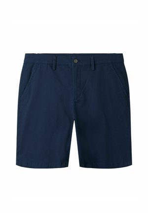 Muške kratke hlače tamnoplave boje s petljama za remen, bočnim džepovima, prednjim gumbom i zatvaračem, izrađene od glatke tkanine.