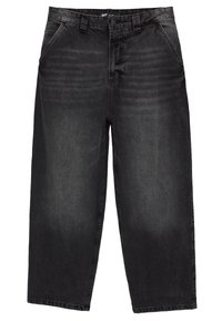Pantalon large en denim noir avec un effet délavé clair. Comprend des poches avant, des passants pour ceinture et une braguette zippée. Ourlet simple sans accents.