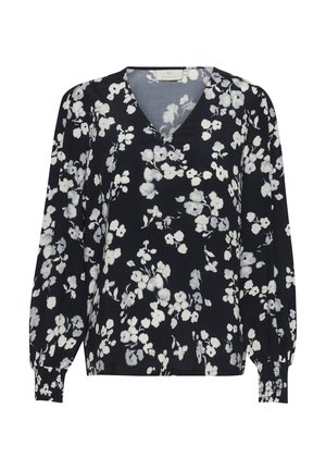 Modra cvetlična bluza z dolgimi rokavi, V-izrezom in gubanimi manšetami. Ima bel in svetlo sivi cvetlični vzorec na mehkem materialu.