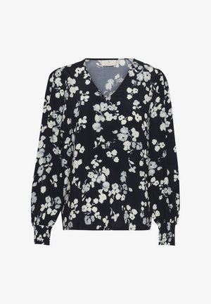 Modra cvetlična bluza z dolgimi rokavi, V-izrezom in gubanimi manšetami. Ima bel in svetlo sivi cvetlični vzorec na mehkem materialu.