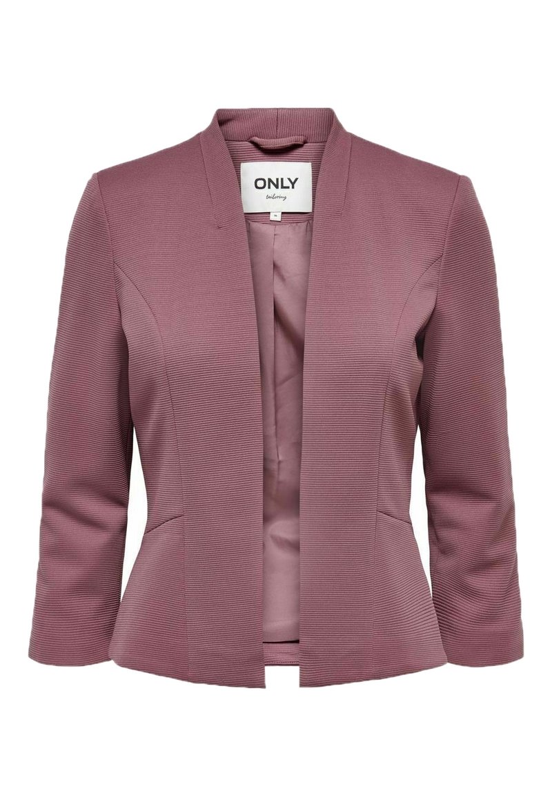 Roze geribbelde blazer met een kentkraag, open voorkant en lange mouwen. Soepele binnenvoering en gestructureerde pasvorm. Geen sluitingen of zakken.