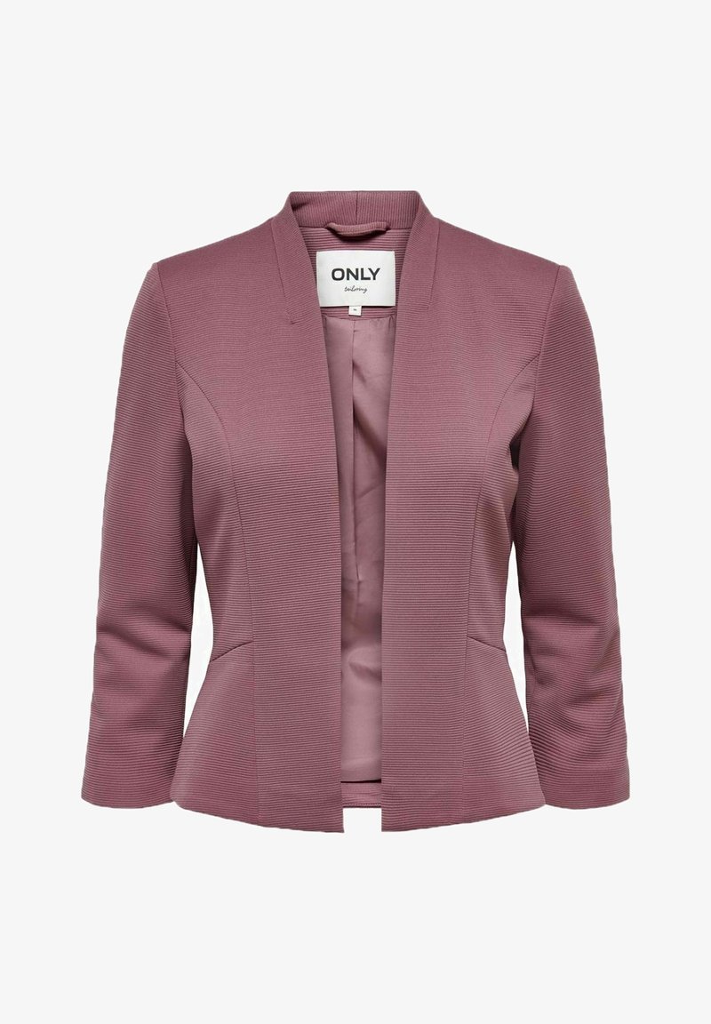 Roze geribbelde blazer met een kentkraag, open voorkant en lange mouwen. Soepele binnenvoering en gestructureerde pasvorm. Geen sluitingen of zakken.