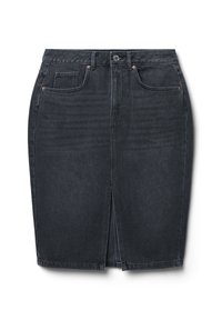 Jupe crayon en denim foncé avec une fente à l'avant, un design à cinq poches et des finitions en ton cuivre. Texture lisse et silhouette ajustée.