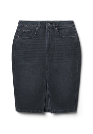 Gonna a matita in denim scuro con spacco frontale, design a cinque tasche e finiture in tonalità rame. Tessuto liscio e silhouette aderente.