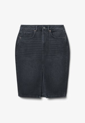 Gonna a matita in denim scuro con spacco frontale, design a cinque tasche e finiture in tonalità rame. Tessuto liscio e silhouette aderente.