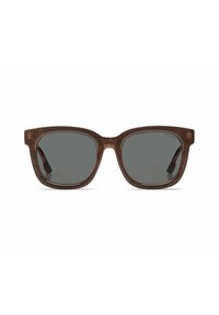Lunettes de soleil marron avec des verres rectangulaires, teinte gris foncé et finition texturée. Présente un branding subtil sur les côtés.