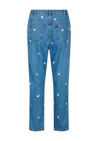 Gai zili džinsi ar taisnu kāju, kuros visā virsmā ir mazi baltie sirds raksti, un divas aizmugures kabatas.