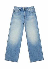 Vaaleansiniset avarat farkut, jotka on valmistettu denimmateriaalista. Farkuissa on korkea vyötärö, haalistunut pesu ja klassinen viiden taskun malli, jossa on etupainike.
