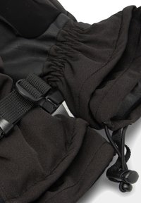 Svarta vinterhandskar som har en blandning av mjukt tyg och läder, med elastiska ärmslut och justerbara remmar för en säker passform.
