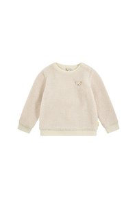 Hellbeige Fleece-Sweatshirt mit einer weichen Textur, rundem Halsausschnitt und gerippten Bündchen. Mit einem kleinen gestickten Bären auf der Brust.