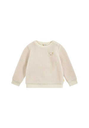 Sweat-shirt en polaire beige clair avec une texture douce, un col rond et des poignets côtelés. Présente un petit ours brodé sur la poitrine.
