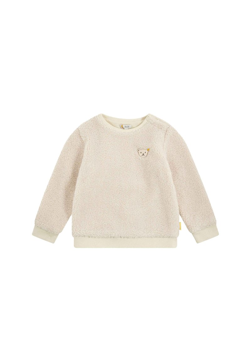 Hellbeige Fleece-Sweatshirt mit einer weichen Textur, rundem Halsausschnitt und gerippten Bündchen. Mit einem kleinen gestickten Bären auf der Brust.
