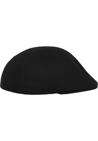 Black cap made of textured herringbone fabric, featuring a rounded shape and flat brim, with visible stitched detailing along the seams.