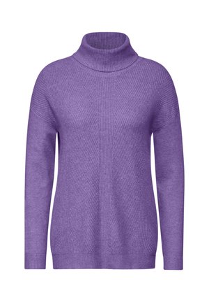 Pull à col roulé violet avec un design en tricot texturé. Présente des manches longues et une coupe décontractée avec des bords côtelés au niveau du col et des poignets.