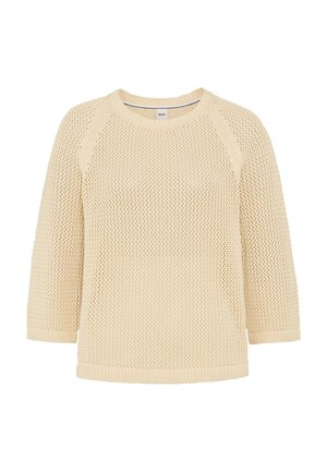 Cremefarvet strikket sweater med trekvartlange ærmer og et tekstureret åbentvævet mønster, rund halsudskæring og ribbede kanter.
