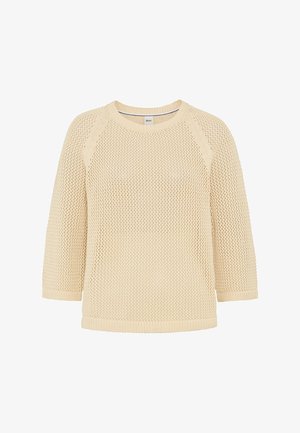 Cremefarvet strikket sweater med trekvartlange ærmer og et tekstureret åbentvævet mønster, rund halsudskæring og ribbede kanter.