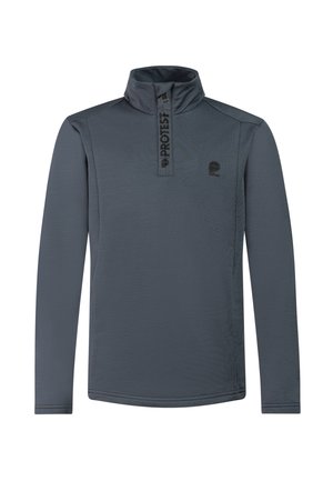 Donkergrijze pullover met lange mouwen, hoge kraag, halve ritssluiting aan de voorkant en het "Protest"-logo op de borst en ritsstrook.