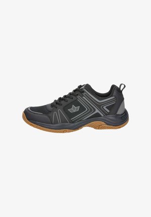 Schwarzer Sportschuh aus Mesh- und synthetischen Materialien, mit einem strukturierten grauen Muster, gepolsterter Sohle und einer Gummirauledersohle.