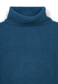 Gestrickter Rollkragenspullover in einer dunklen Teal-Farbe, mit einer gerippten Textur und hohem Kragen. Das Material wirkt weich und warm.