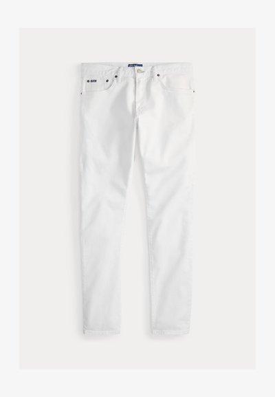 Jeans brancos de perna reta feitos de ganga, com cinco bolsos, fecho de botão metálico e detalhes subtis de costura ao longo das costuras.