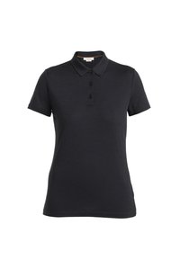 Polo shirt nero realizzato in tessuto liscio, con colletto, chiusura a tre bottoni e maniche corte. Design semplice, senza motivi o dettagli.