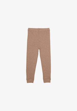 Leggings marroni chiari realizzati in tessuto morbido, con un design aderente dotato di un elastico in vita e caviglie affusolate. Senza fantasie né accessori.