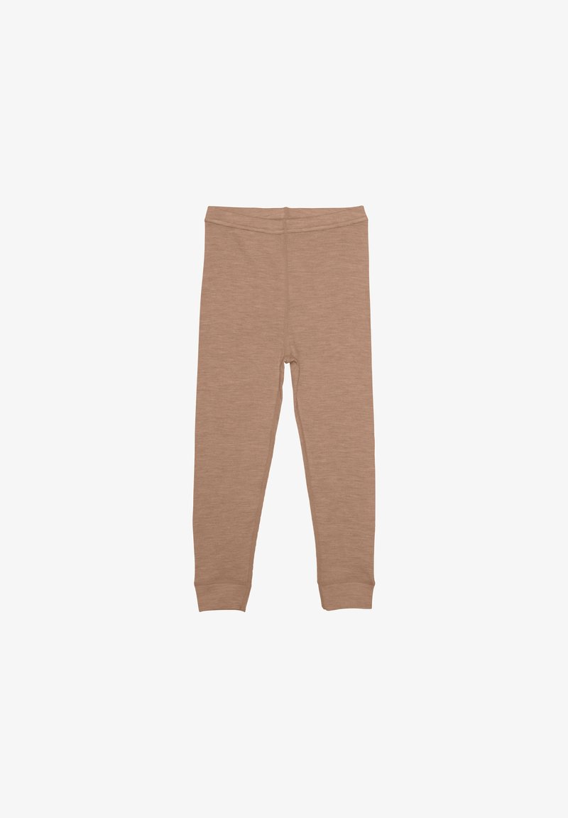 Hellbraune Leggings aus weichem Stoff mit einer figurbetonten Passform, einem elastischen Bund und schmal zulaufenden Knöcheln. Kein Muster oder zusätzliche Hardware.