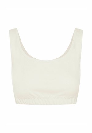 Cremfarbener, taillierter Cropped Top mit einem Rundhalsausschnitt, breiten Trägern und einem gerafften elastischen Saum. Hergestellt aus einem weichen, glatten Stoff.