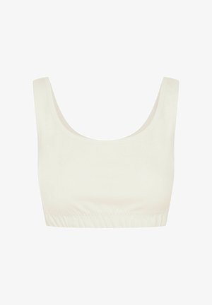 Cremfarbener, taillierter Cropped Top mit einem Rundhalsausschnitt, breiten Trägern und einem gerafften elastischen Saum. Hergestellt aus einem weichen, glatten Stoff.