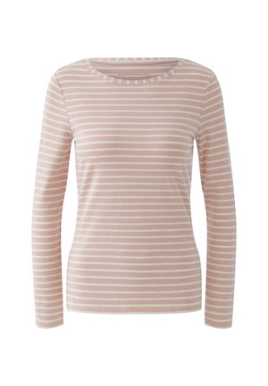 Langärmliges Shirt mit Rundhalsausschnitt und horizontalen weißen und hellrosa Streifen, frontal auf weißem Hintergrund dargestellt.