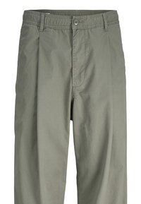 Light gray trousers with a comfortable waistband and a button closure, featuring a straight-cut design and subtle creases.