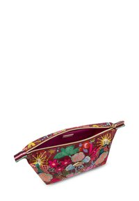Multikleurige ritssluiting cosmetica tas met bloemen- en zonmotieven, voorzien van een bordeauxrode voering en groene accenten. Gemaakt van katoenen canvas.