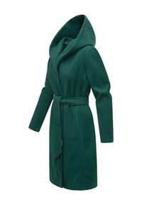 Green wool blend coat with a large hood, belt at the waist, long sleeves, and side pockets; features a smooth texture and tailored fit.