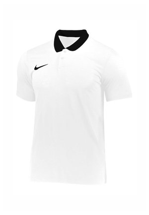 Chemise polo blanche avec un col noir, une patte de boutonnage à deux boutons et un petit logo noir sur la poitrine gauche. Fabriquée en tissu léger.