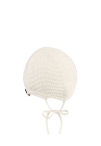 White knitted hat with a textured herringbone pattern and tie straps at the chin, featuring a seamless rounded crown and soft fabric.