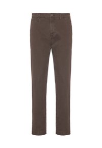 Pantaloni in cotone marrone con taglio dritto, due tasche anteriori, una tasca posteriore e chiusura con bottone. Dettagli delle cuciture lungo le gambe.