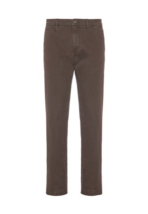 Pantaloni in cotone marrone con taglio dritto, due tasche anteriori, una tasca posteriore e chiusura con bottone. Dettagli delle cuciture lungo le gambe.