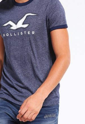 Mann trägt ein blau meliertes Hollister-T-Shirt mit Möwen-Logo und dunkelblau eingefasstem Kragen und Ärmeln.