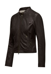 Giacca in pelle marrone con zip frontale e colletto alto, dotata di tasche laterali con zip e finitura texturizzata. Progettata con una silhouette corta.
