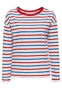 Camicia a maniche lunghe a righe bianche, con righe orizzontali rosse e blu. Collo a girocollo con un bordo ribattuto rosso e dettagli sulle spalle.