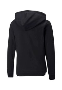 Felpa nera con un tessuto morbido e testurizzato. Presenta un cappuccio con cordoncino e polsini a costine. Il retro è semplice, senza loghi o motivi visibili.