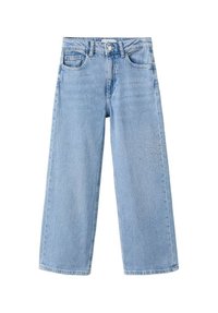Wide-leg light blue denim jeans with a high waist, featuring front pockets and a decorative rhinestone pattern on one side.