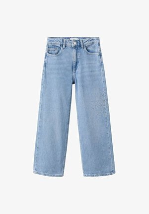 Wide-leg light blue denim jeans with a high waist, featuring front pockets and a decorative rhinestone pattern on one side.