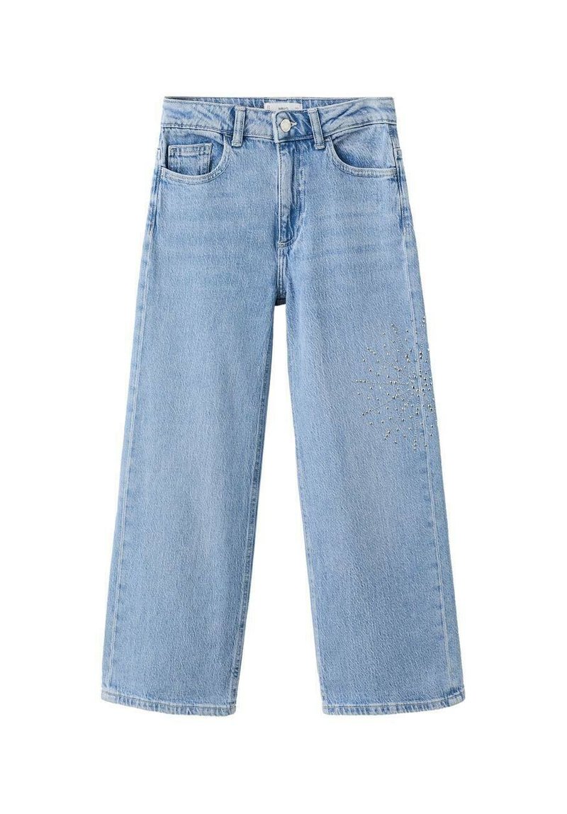 Wide-leg light blue denim jeans with a high waist, featuring front pockets and a decorative rhinestone pattern on one side.