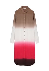 Košile s knoflíky, která má gradientní design od hnědé po bílou, přecházející do růžové a tmavě hnědé na spodním lemu, s dlouhými rukávy.