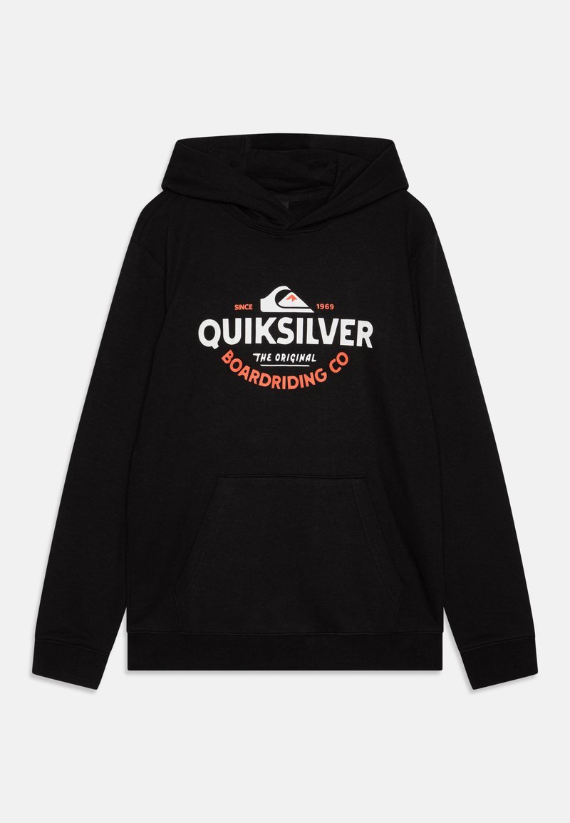 Felpa nera con cappuccio dotata di tasca frontale, polsini a coste e un logo Quiksilver bianco e arancione con un grafico di montagna. Realizzata in tessuto morbido.