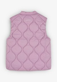 Lichtpaarse gewatteerde vest met een mouwloos ontwerp, voorzien van een golfpatroon en een kraag. Logo "SCALPERS" aan de bovenkant gedrukt.
