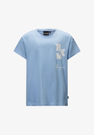 Jasnoniebieska bawełniana koszulka z krótkim rękawem, z białym nadrukiem litery "RXYM" oraz słowem "Memphis" napisanym kursywą na dole.