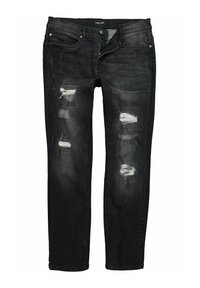 Jeans de mezclilla negra con un ajuste slim, que cuentan con diversas áreas desgastadas y parches deshilachados. Diseño clásico de cinco bolsillos con cremallera.